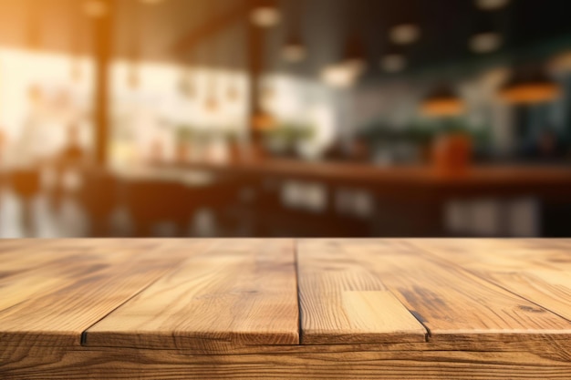 Una mesa de madera en un bar con un fondo borroso