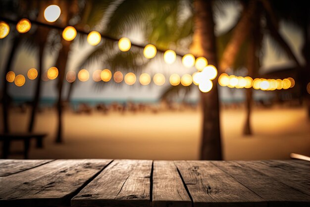 Mesa de madera en un bar de playa luz borrosa bokeh café restaurante fondo IA generativa