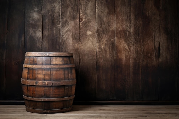 Mesa de madera y barril en el fondo luciendo viejos y desgastados