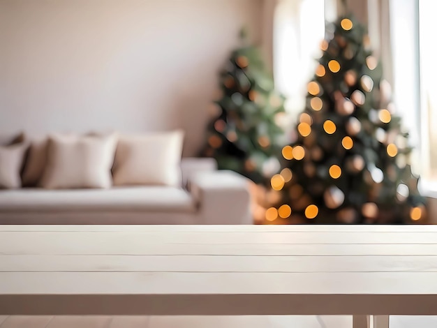 Mesa de madera blanca en blanco con decoración de sala de estar cálida abstracta con serie de árbol de Navidad borrosa