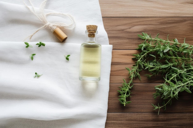 Una mesa de madera blanca está adornada con una capa plana que muestra una botella de aceite esencial con invig