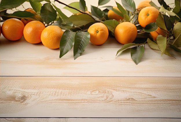 una mesa de madera blanca está cubierta de fruta al estilo marrón claro y naranja