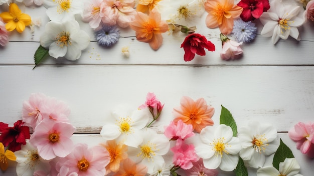 Una mesa de madera blanca con flores.