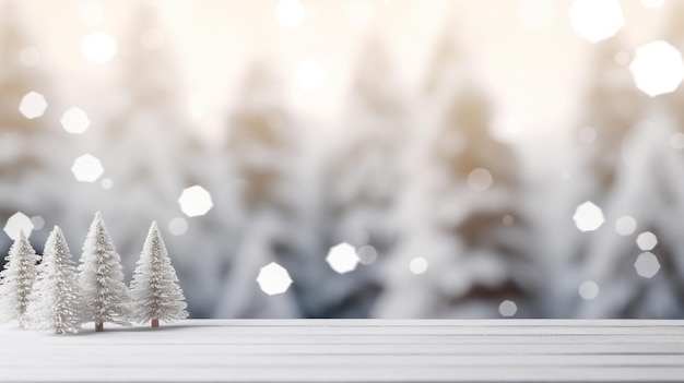 Foto mesa de madera blanca con fondo de fiesta de navidad borroso oro nieve telón de fondo de invierno para el producto