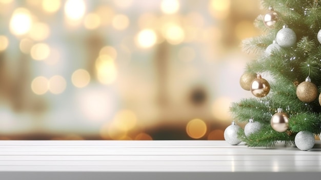 Foto mesa de madera blanca con fondo de fiesta de navidad borroso oro nieve telón de fondo de invierno para el producto