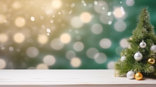 Foto mesa de madera blanca con fondo de fiesta de navidad borroso oro nieve telón de fondo de invierno para el producto