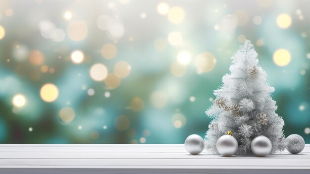 Foto mesa de madera blanca con fondo de fiesta de navidad borroso oro nieve telón de fondo de invierno para el producto