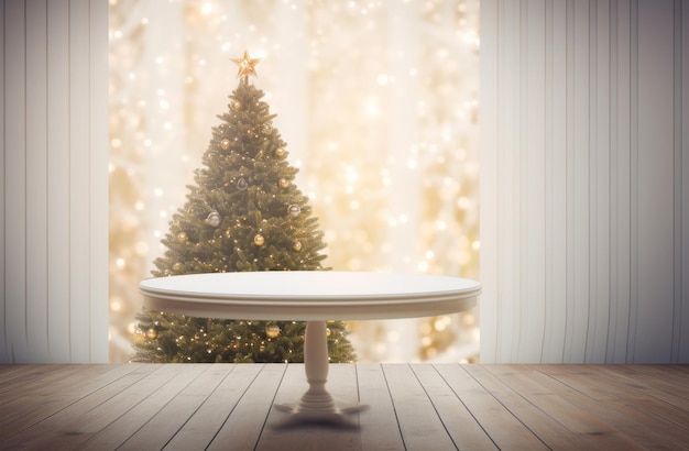 Mesa de madera blanca y una habitación brillante con árbol de Navidad