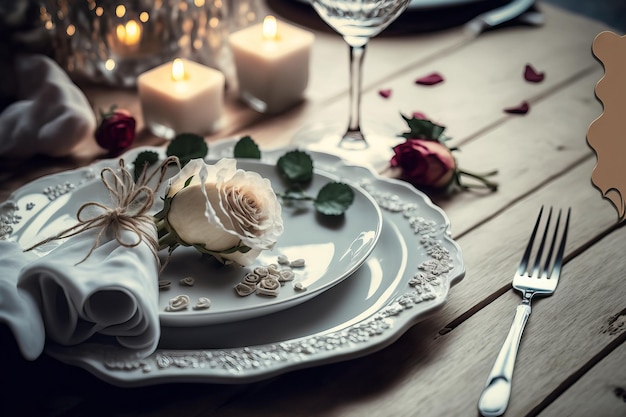 Mesa de madera blanca con una mesa romántica para una tarjeta de San Valentín