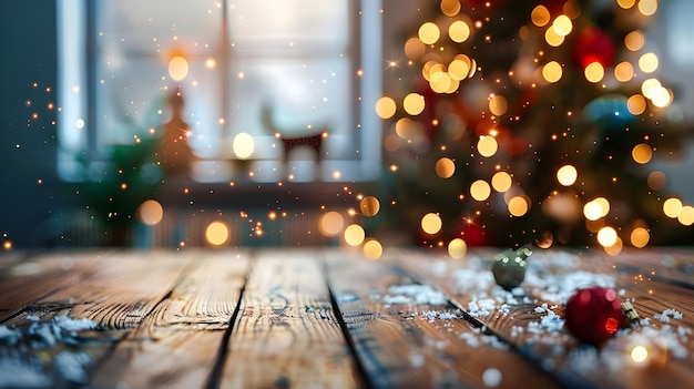 Mesa de madera blanca vacía con decoración de sala de estar abstractamente cálida con luz de cuerda de árbol de Navidad