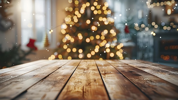 Mesa de madera blanca vacía con decoración de sala de estar abstractamente cálida con luz de cuerda de árbol de Navidad