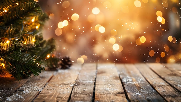 Mesa de madera blanca vacía con decoración de sala de estar abstractamente cálida con luz de cuerda de árbol de Navidad