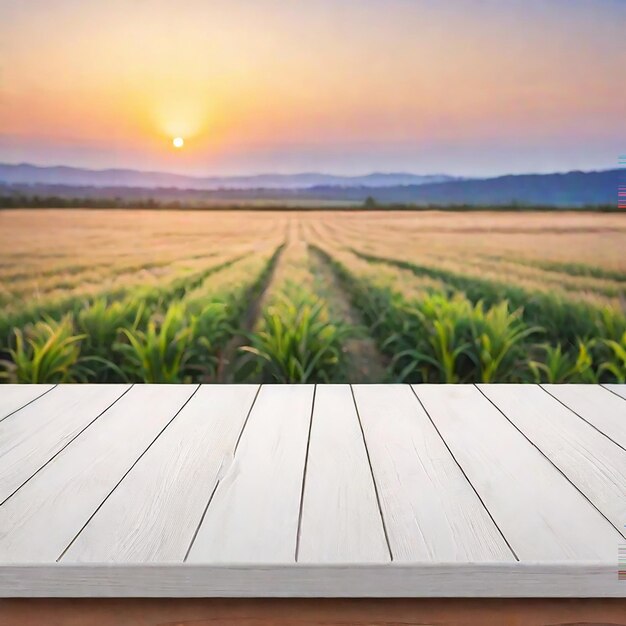 Mesa de madera blanca vacía con fondo borroso campo de puesta de sol generado por IA