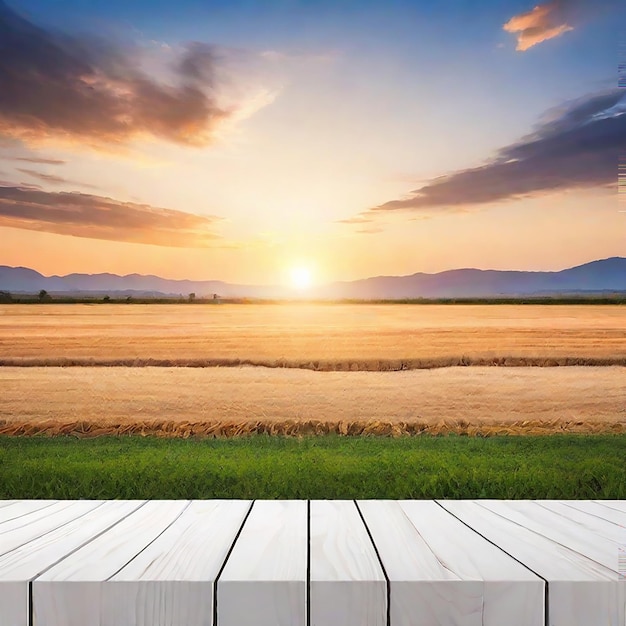 Mesa de madera blanca vacía con fondo borroso campo de puesta de sol generado por IA