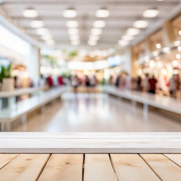 Foto mesa de madera blanca vacía con un fondo borroso de un centro comercial generado por ia