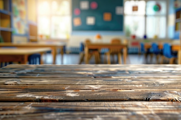 Foto mesa de madera en blanco en el fondo interior borroso de la habitación de un escolar