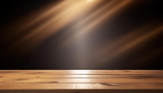 Mesa de madera en blanco con luz sobre maqueta de fondo negro y pantalla para presentación
