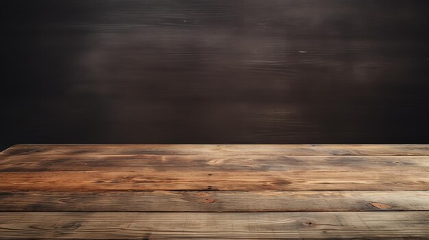 Mesa de madera en blanco en tablero negro modelo de fondo de pared y visualización para el estilo de banner de producto