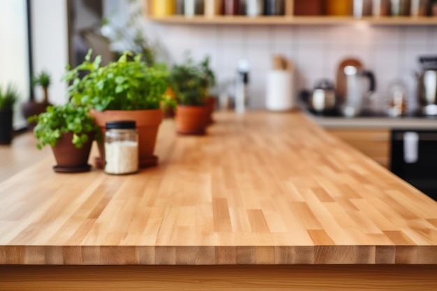 Mesa de madera con bocé borroso Interior de la cocina Ideal para la colocación de productos y uso de fondo