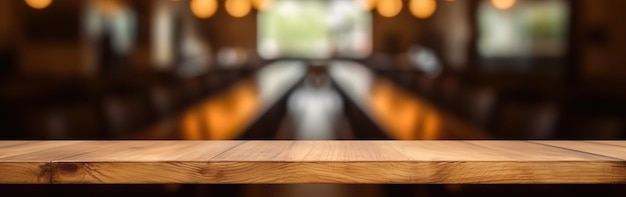 Una mesa de madera en una bolera con un fondo borroso.