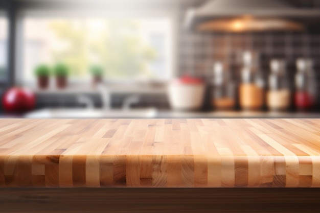 Mesa de madera con borrón Bokeh Fondo interior de la cocina Ideal para la colocación de productos