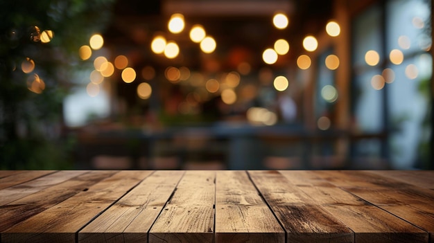 mesa de madera en el borrón de la cafetería café tienda de bar de fondo se puede utilizar para la exhibición o montaje