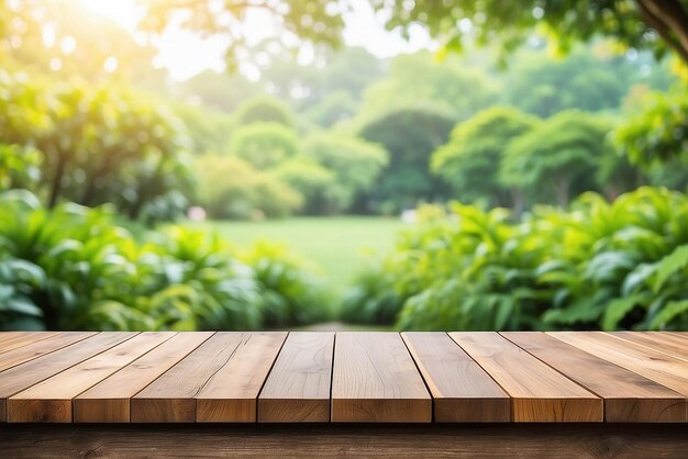 Mesa de madera en borrón verde abstracto del jardín en el fondo de la mañanaPara la exhibición de productos de montaje o diseño diseño visual clave