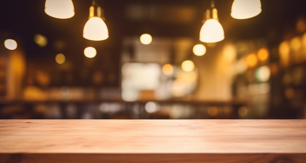 Mesa de madera en borrosa de la cafetería de mostrador con fondo de bombilla