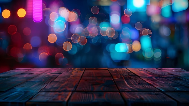 Mesa de madera borroso bokeh fondo fondo luz de neón vista nocturna de cerca El general