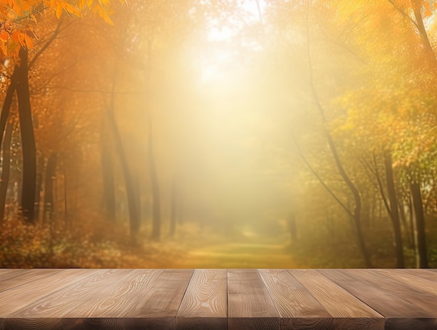 Una mesa de madera en un bosque de fondo amarillo y un bosque al fondo