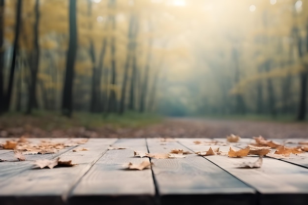 Mesa de madera en el bosque de fondo borroso con espacio de copia vacío