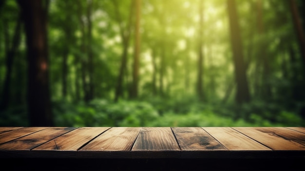 Una mesa de madera en un bosque con un fondo verde y la palabra vivir en él.