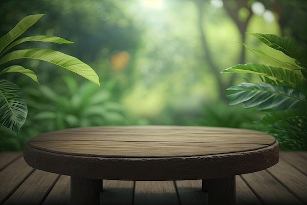 Una mesa de madera en un bosque con un fondo verde y una planta en primer plano.