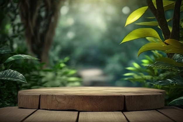 Una mesa de madera en un bosque con un fondo verde y una plataforma de madera en primer plano.