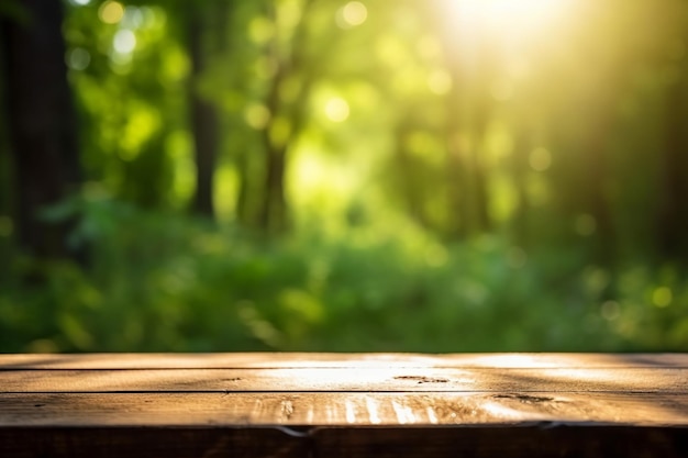 Mesa de madera en el bosque con luz solar.