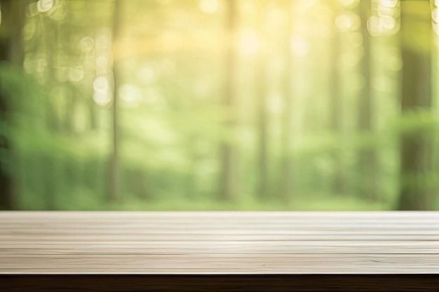 Mesa de madera de bosque de naturaleza verde vibrante fondo borroso