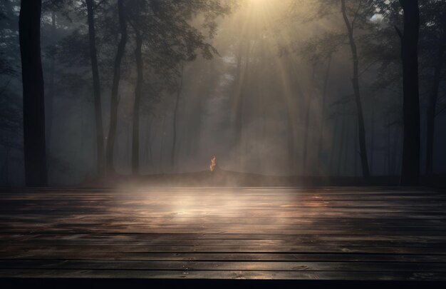 Foto una mesa de madera en un bosque oscuro con luces