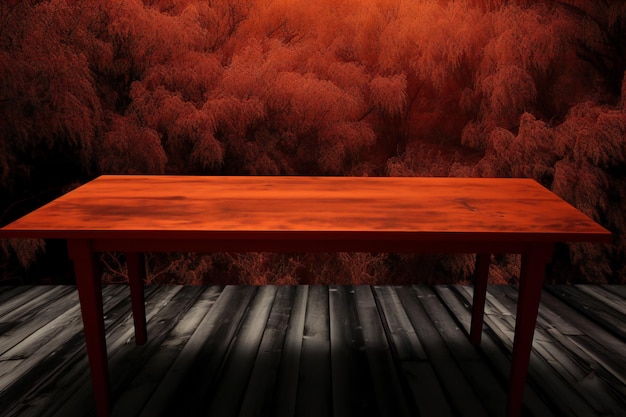 Mesa de madera en el bosque oscuro