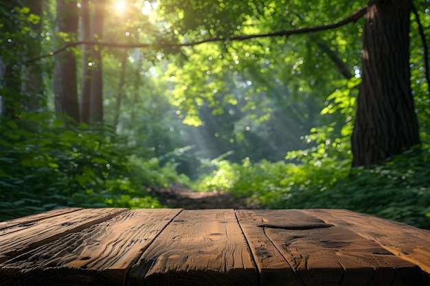 Mesa de madera en el bosque con senderos en el fondo