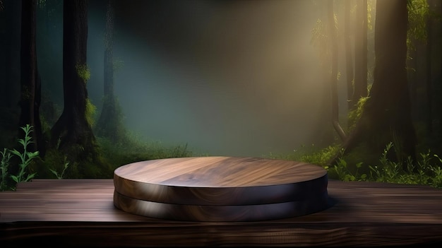 Una mesa de madera con un bosque verde al fondo.