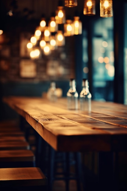 Una mesa de madera con una botella de vidrio encima.