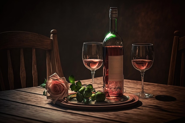 Una mesa de madera con una botella de vino rosado y varias copas de vino.