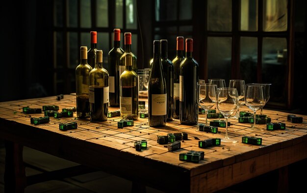 Mesa de madera con botellas de vino y una elegante exhibición de vidrio