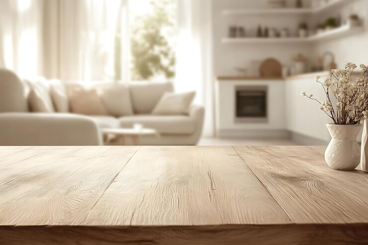 Mesa de madera en un café al aire libre con luces bokeh y fondo borroso
