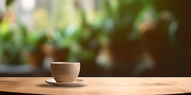 Mesa de madera y café caliente recién hecho en el fondo interior del café