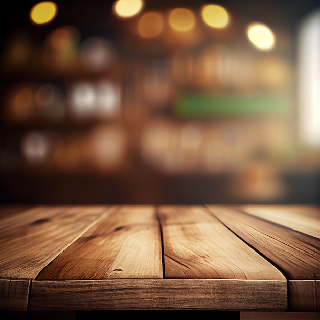 Foto mesa de madera en una cafetería con fondo de bokeh borroso imagen generada por ia