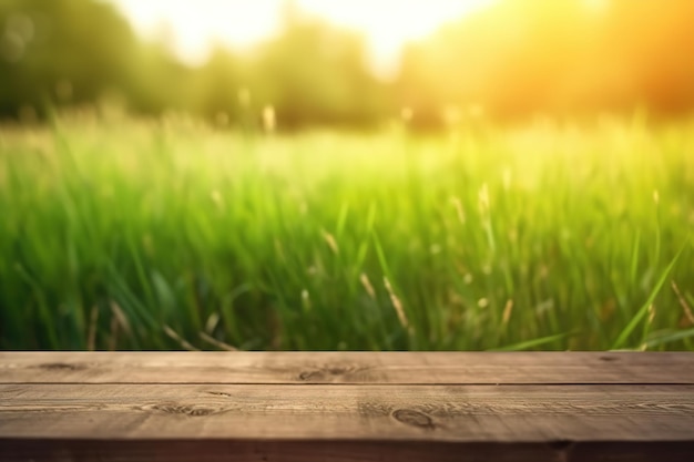 Una mesa de madera con un campo de hierba al fondo.