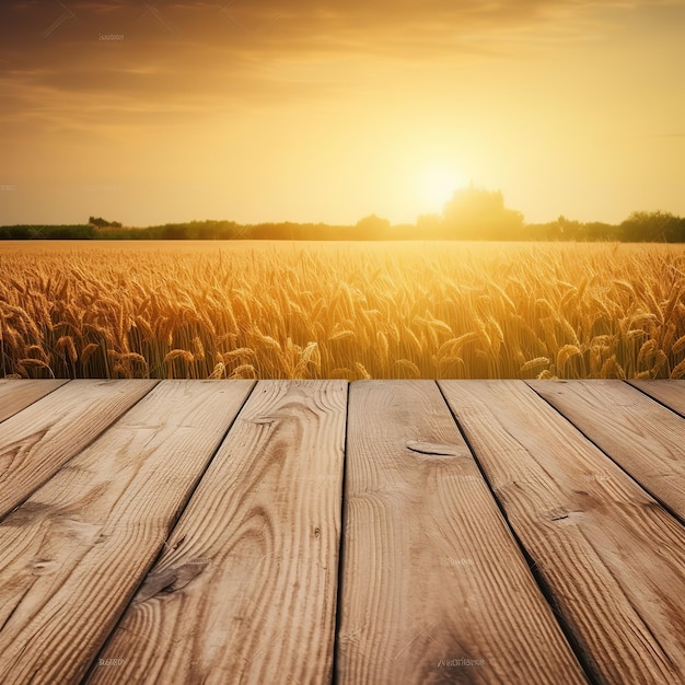 Una mesa de madera en un campo de trigo con una puesta de sol al fondo