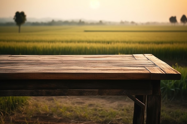 Una mesa de madera con un campo verde al fondo.