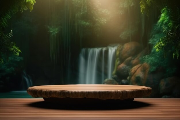 Una mesa de madera con una cascada al fondo.